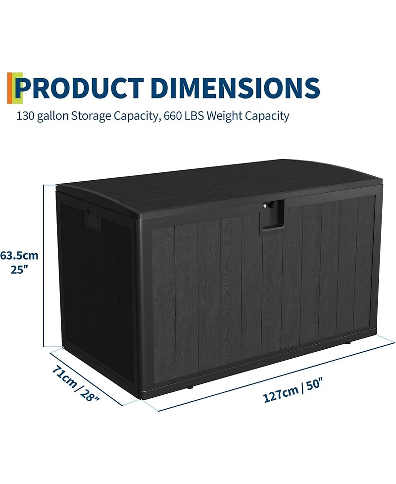 gaomon 130-Gallon Resin Deck Box, Lockable All-Weather Outdoor Storage for Patio, Garden & Pool Accessories, Faux Wood