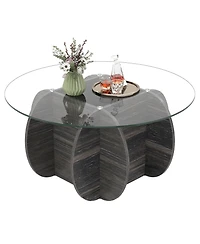 Sugift 35 Round Coffee Table Unique Circle Center Table with Tempered Glass Top and Solid Wood Base