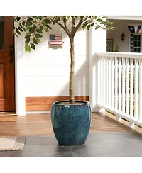 LuxenHome Oceanside Teal Ceramic Planter Pot , 11.8” Tall Glossy Plant Container with Drainage Hole