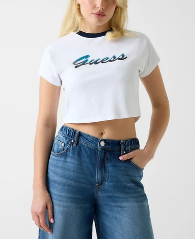 Guess Women's Script Logo Crew Neck Crop T-Shirt