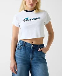 Guess Women's Script Logo Crew Neck Crop T-Shirt