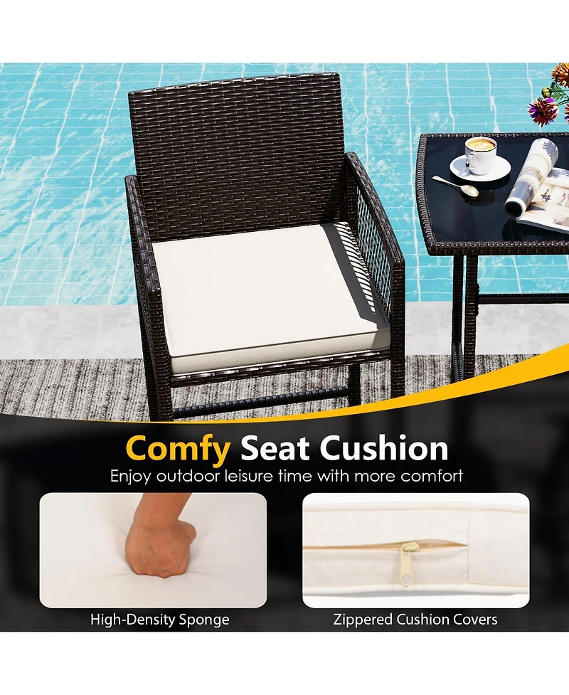 Gymax Set Of 3 Patio Bar Set Wicker Table & Armchairs w/ 2 Cushions & Glass Tabletop