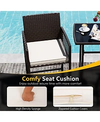 Gymax Set Of 3 Patio Bar Set Wicker Table & Armchairs w/ 2 Cushions & Glass Tabletop