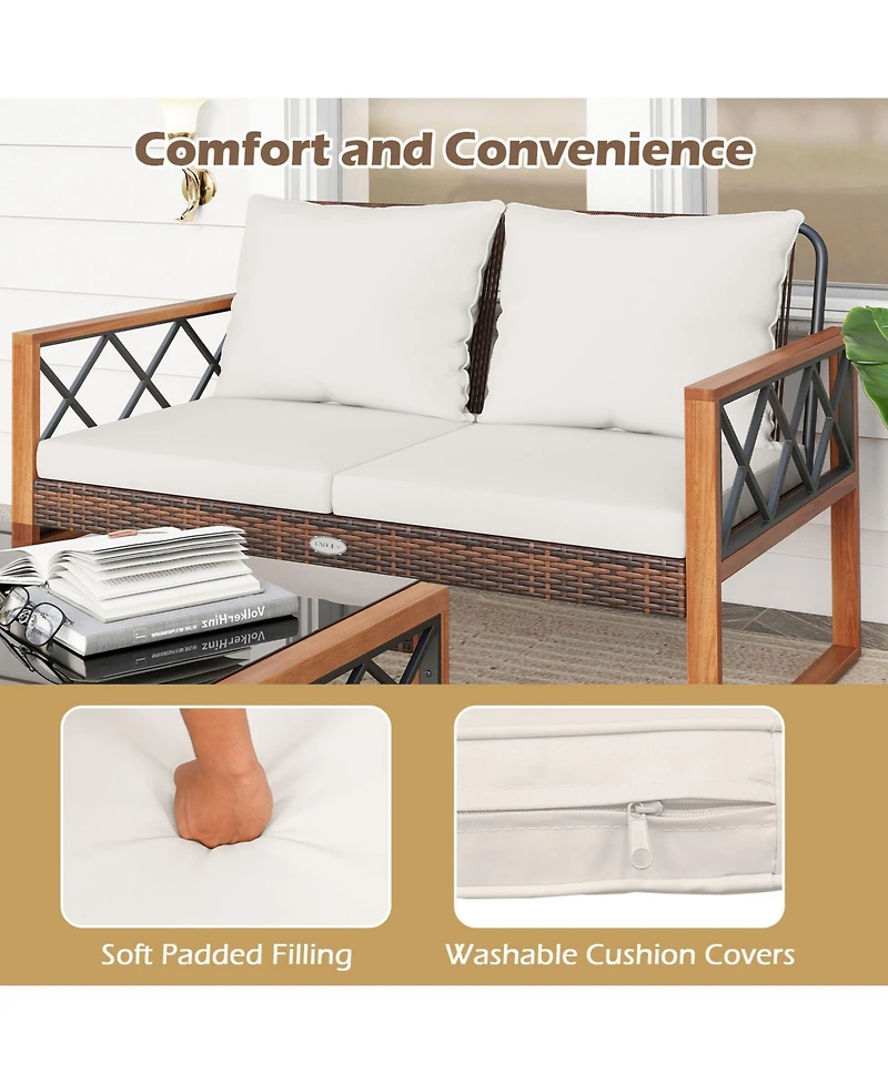 Gymax 2 Pieces Patio Pe Wicker Furniture Set Outdoor Acacia Wood Loveseat for Porch