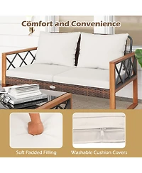 Gymax 2 Pieces Patio Pe Wicker Furniture Set Outdoor Acacia Wood Loveseat for Porch