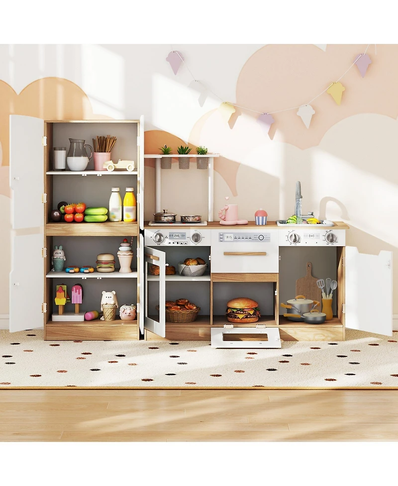 Mecale Wooden 2-Piece Kids Kitchen Playset with Fridge & Running Water for Interactive Play