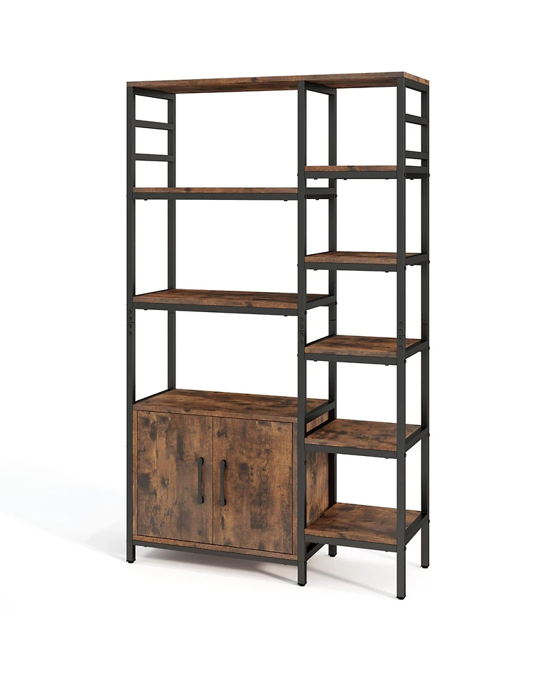 Sugift Double Wide 8-Tier Bookshelf with 2-Door Cabinet for Living Room Home Office-Rustic