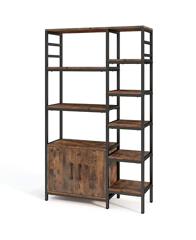 Sugift Double Wide 8-Tier Bookshelf with 2-Door Cabinet for Living Room Home Office-Rustic