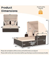 Gymax Patio Rattan Daybed Lounge Retractable Top Canopy Side Tables Cushions for Outdoor