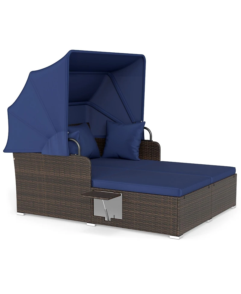 Gymax Patio Rattan Daybed Lounge Retractable Top Canopy Side Tables Cushions for Outdoor