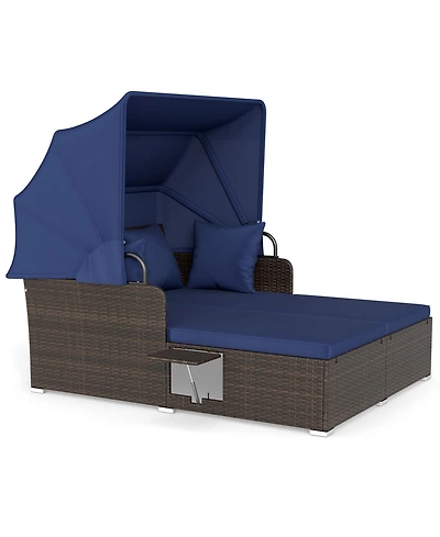 Gymax Patio Rattan Daybed Lounge Retractable Top Canopy Side Tables Cushions for Outdoor