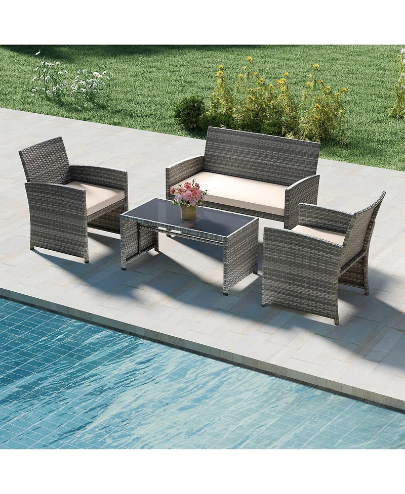 Gymax 4PCS Patio Outdoor Conversation Set w/Seat Cushions & Tempered Glass Tabletop