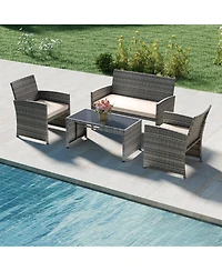 Gymax 4PCS Patio Outdoor Conversation Set w/Seat Cushions & Tempered Glass Tabletop
