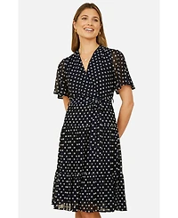 Yumi Women's Dot Print Mesh Stretch Midi Skater Dress