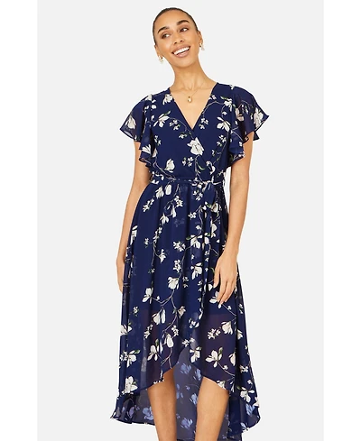 Yumi Women's Floral Frill Hem Wrap Midi Dress