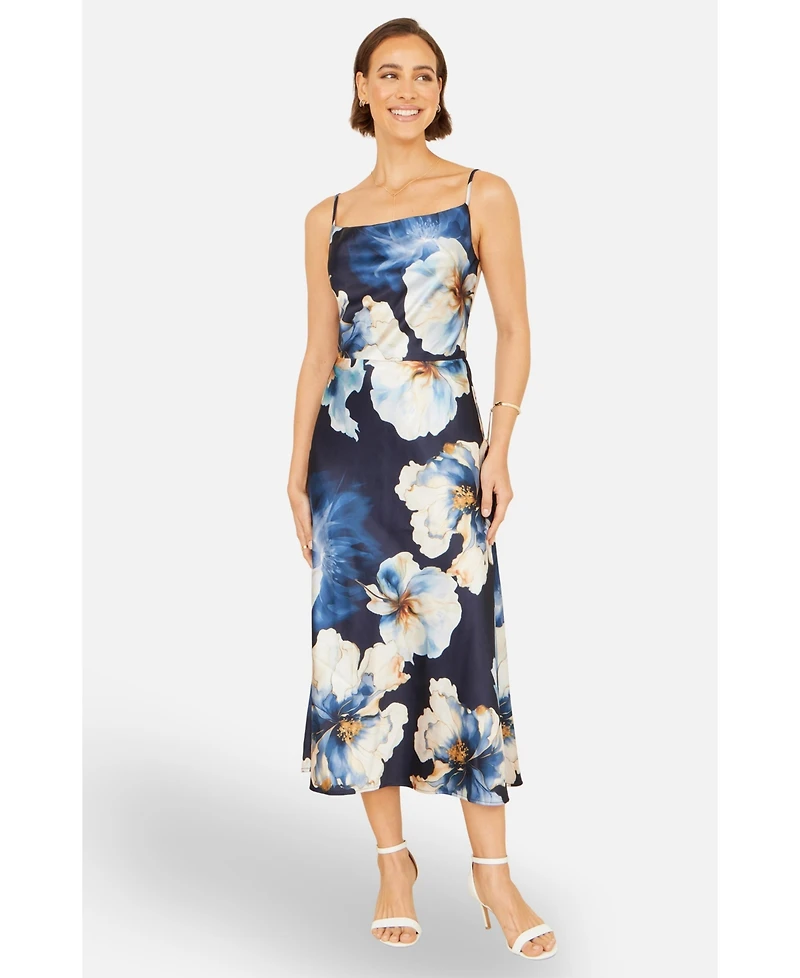 Yumi Women's Cowl Neck Satin Floral Dress