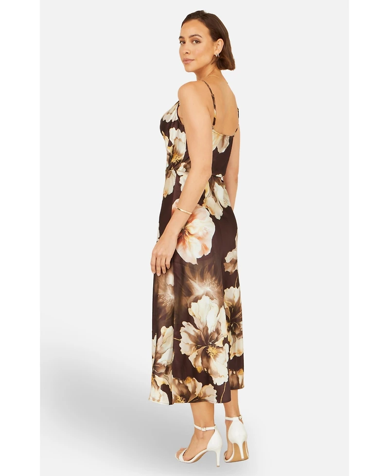 Yumi Women's Cowl Neck Satin Floral Dress