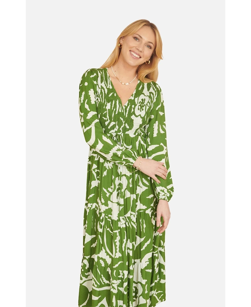 Yumi Women's Abstract Print Ruched V-Neck Midi Dress