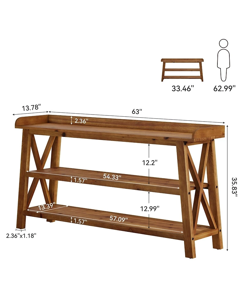 Tribesigns 3-Tier Solid Wood Console Table with X-Shaped Frame, 63-Inch Farmhouse Entryway Table, Sofa Console Behind Couch