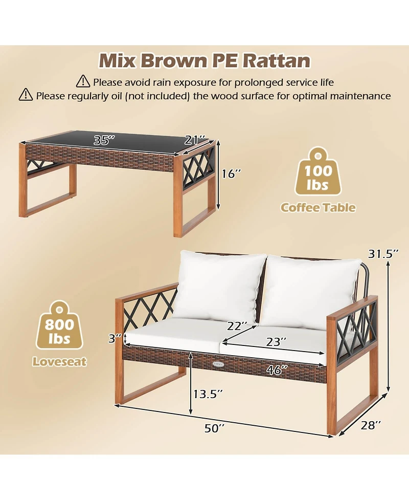 Costway 2 Pieces Patio Pe Wicker Furniture Set Outdoor Acacia Wood Loveseat for Porch