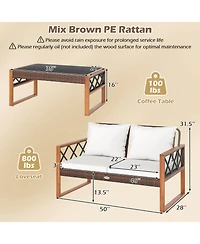 Costway 2 Pieces Patio Pe Wicker Furniture Set Outdoor Acacia Wood Loveseat for Porch