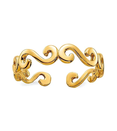 Curata Jewelry Solid 10k Yellow Gold Art Deco Swirl Adjustable toe ring 4mm Wide toe ring