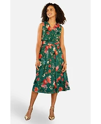Yumi Women's Floral Print Mesh Stretch Midi Dress