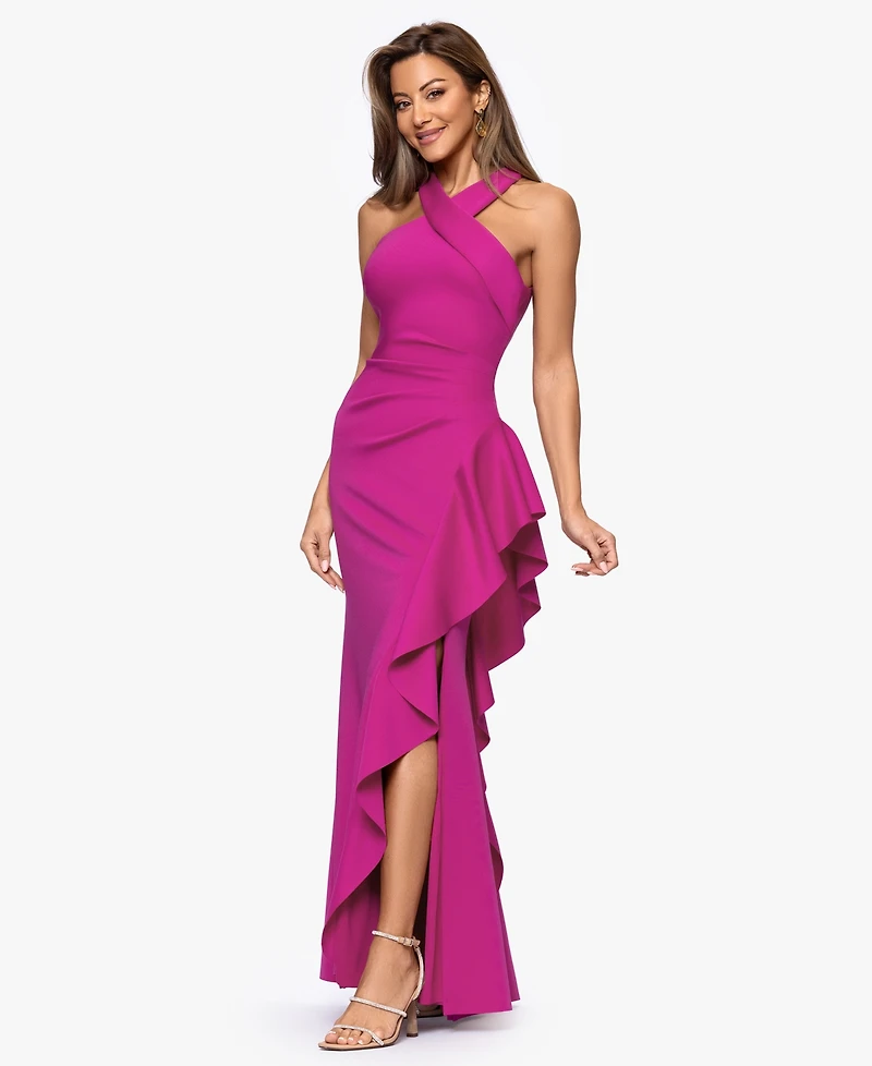 Xscape Women's Crisscross Halter Side-Ruffled Gown