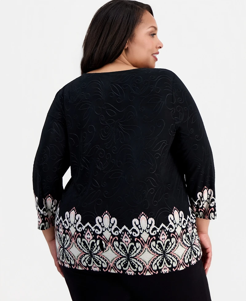 Jm Collection Plus Border-Print Jacquard Knit Top, Macy's Exclusive