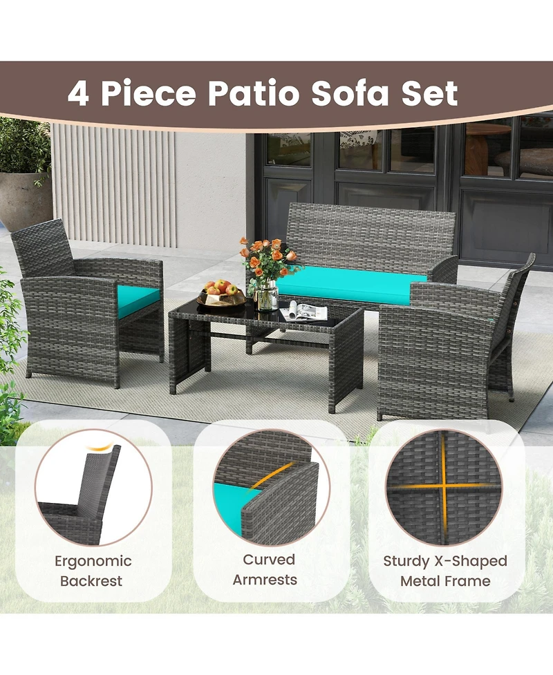 Gymax Set of 8 Patio Conversation Set w/Seat Cushions & Tempered Glass Tabletop Porch