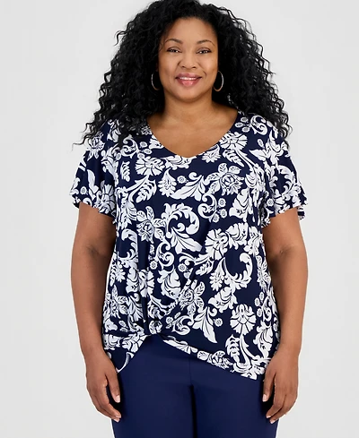 Jm Collection Plus Sicily Scroll V-Neck Flutter-Sleeve Top, Macy's Exclusive