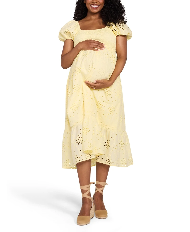 Motherhood Maternity Smocked Bodice with Puff Sleeves Midi Dress