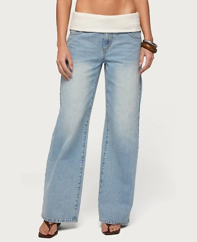 Edikted Women's Knit Foldover Low Rise Baggy Jeans