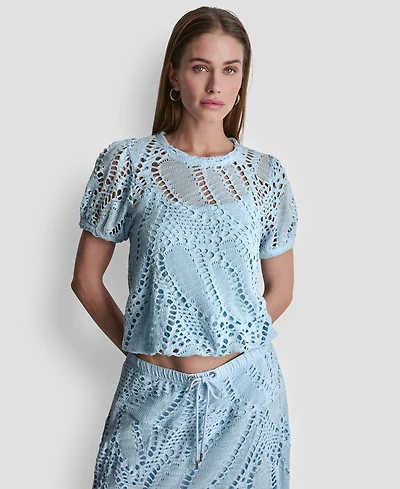 Dkny Women's Leaf Crochet Short-Sleeve Top