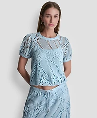 Dkny Women's Leaf Crochet Short-Sleeve Top