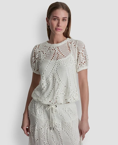 Dkny Women's Leaf Crochet Short-Sleeve Top
