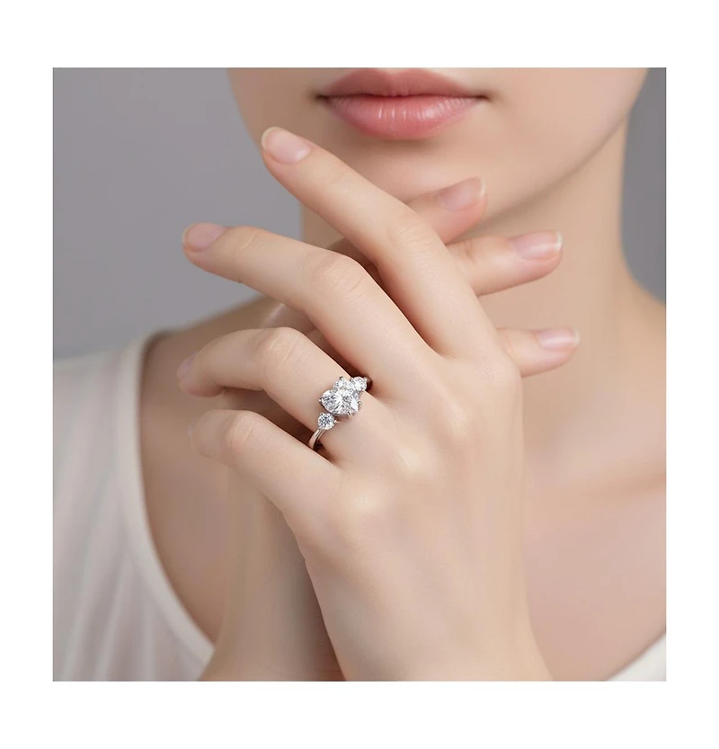 Sterling Silver Heart and Round Clear Cubic Zirconia's Three-Stone "I Love You" Ring