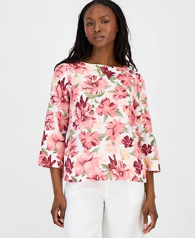 Charter Club Petite 100% Linen Cuffed Top, Created for Macy's
