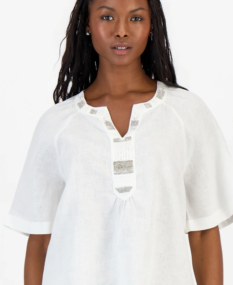 Charter Club Petite Bead-Embellished Linen Top, Macy's Exclusive