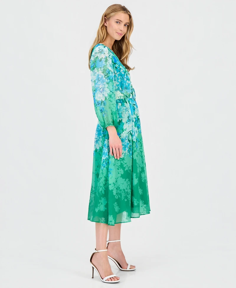 Tahari Asl Women's Printed Long-Sleeve Belted Dress