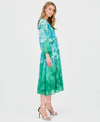 Tahari Asl Women's Printed Long-Sleeve Belted Dress