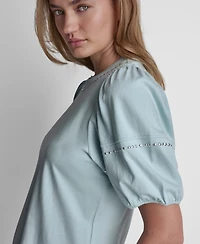 Dkny Jeans Petite Dome Studs Mini Ruffle Puff-Sleeve Crewneck T-Shirt