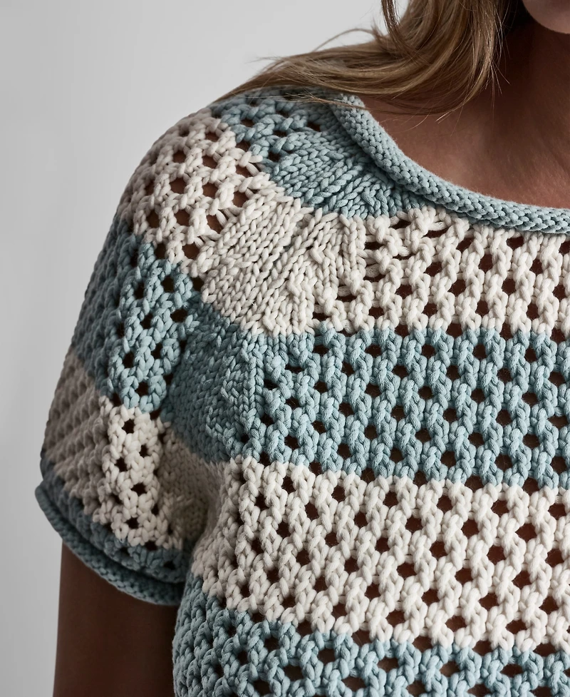 Dkny Jeans Petite Short-Sleeve Raglan Stripe Crewneck Pointelle Sweater