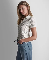 Dkny Jeans Petite Short-Sleeve V-Neck Polo Pointelle Sweater