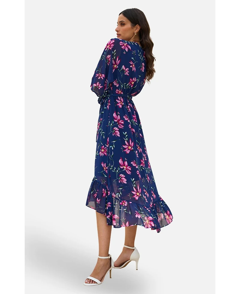 Yumi Women's Floral Kimono Wrap Dipped Hem Midi Dress