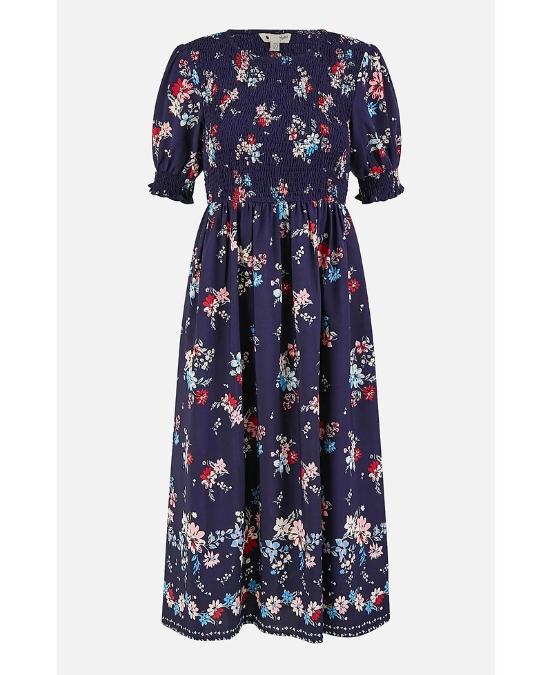 Yumi Women's Smocked Bodice Floral Ruched Midi Dress