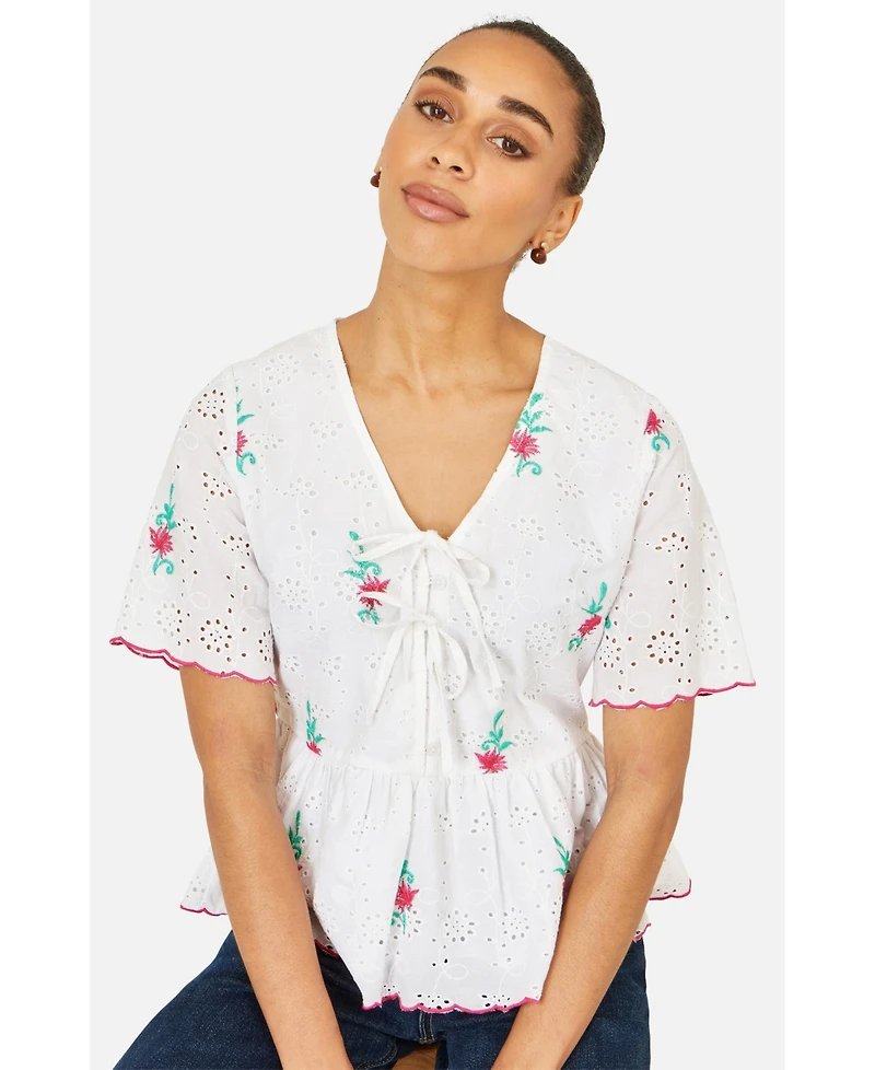 Yumi Women's Broderie Anglaise Embroidered Tie Top