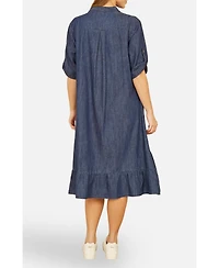 Yumi Women's Denim Dip Hem Relaxed Fit Shirt Dress