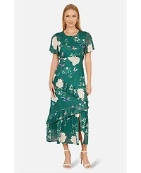 Yumi Women's Mesh Bird And Floral Print Midi Dress