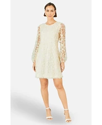 Yumi Women's Long Sleeve Floral Applique Tunic Dress